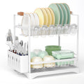 2-Tier Large Dish Drying Rack with Drainboard, Utensil Holder, Glass Hooks 36x38x25cm - White