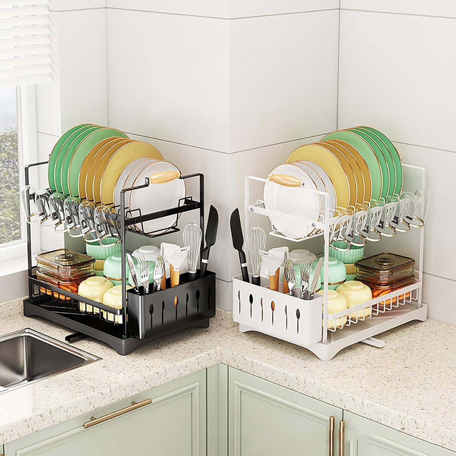 2 - Tier Large Dish Drying Rack with Drainboard, Utensil Holder, Glass Hooks & Cutlery Storage (White) - Home & Garden > Kitchenware > Dish Racks - Rivercity House & Home Co. (ABN 18 642 972 209) - Affordable Modern Furniture Australia