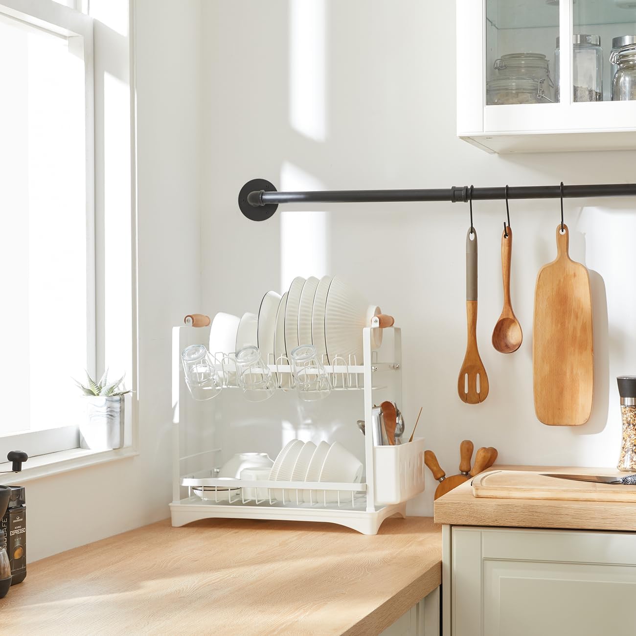 2 - Tier Large Dish Drying Rack with Drainboard, Utensil Holder, Glass Hooks & Cutlery Storage (White) - Home & Garden > Kitchenware > Dish Racks - Rivercity House & Home Co. (ABN 18 642 972 209) - Affordable Modern Furniture Australia