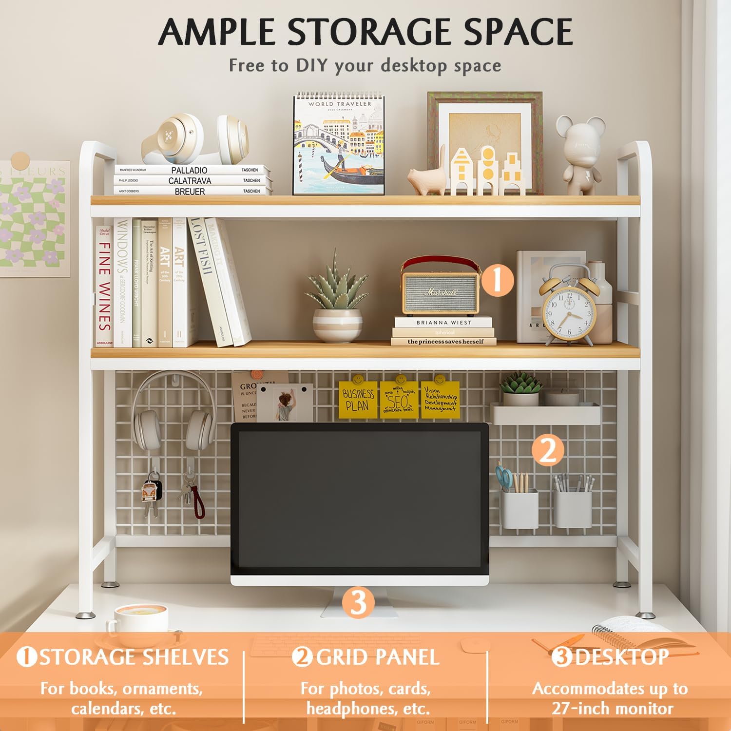 2 - Tier Metal Desktop Hutch Bookshelf with Grid Panel for Computer Desk and Office Countertop - Furniture > Office > Desks - Rivercity House & Home Co. (ABN 18 642 972 209) - Affordable Modern Furniture Australia