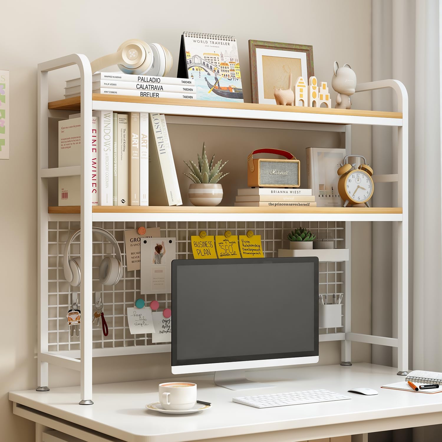 2 - Tier Metal Desktop Hutch Bookshelf with Grid Panel for Computer Desk and Office Countertop - Furniture > Office > Desks - Rivercity House & Home Co. (ABN 18 642 972 209) - Affordable Modern Furniture Australia