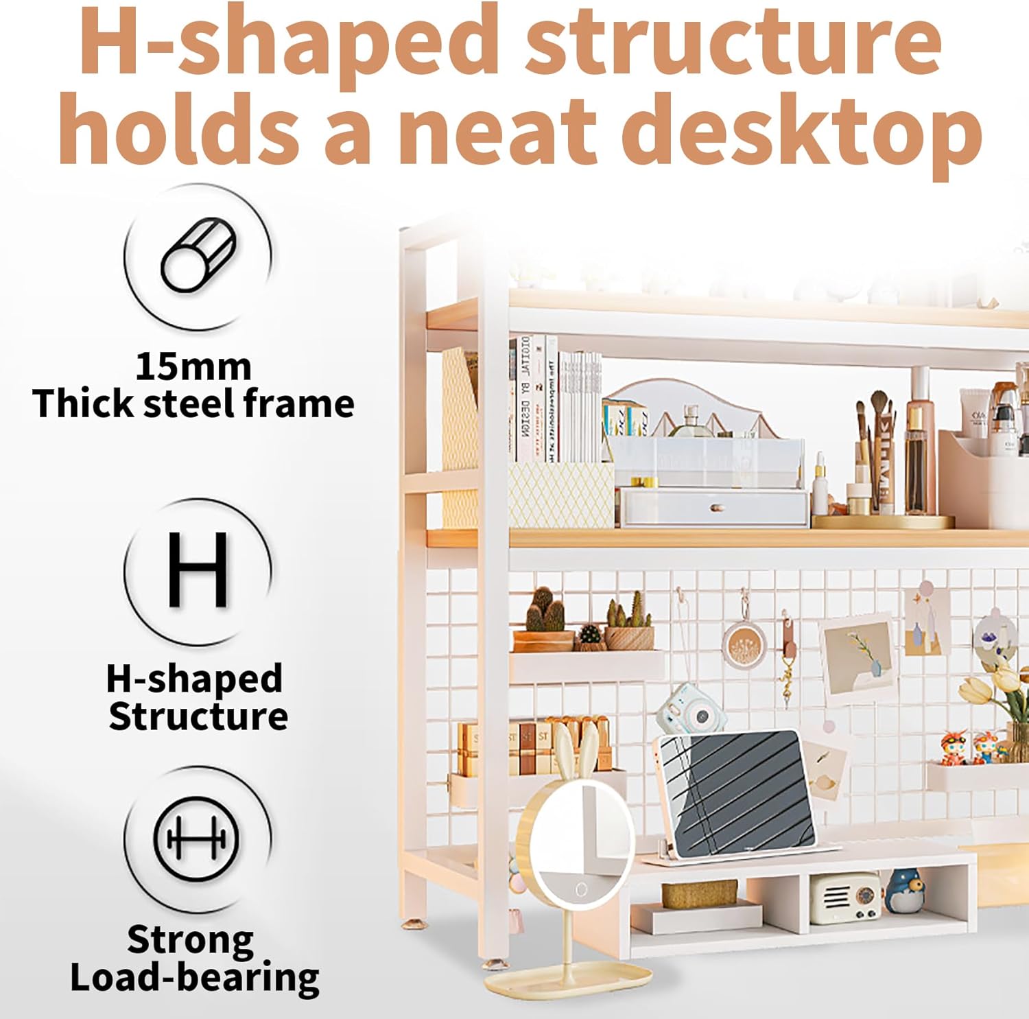 2 - Tier Metal Desktop Hutch Bookshelf with Grid Panel for Computer Desk and Office Countertop - Furniture > Office > Desks - Rivercity House & Home Co. (ABN 18 642 972 209) - Affordable Modern Furniture Australia