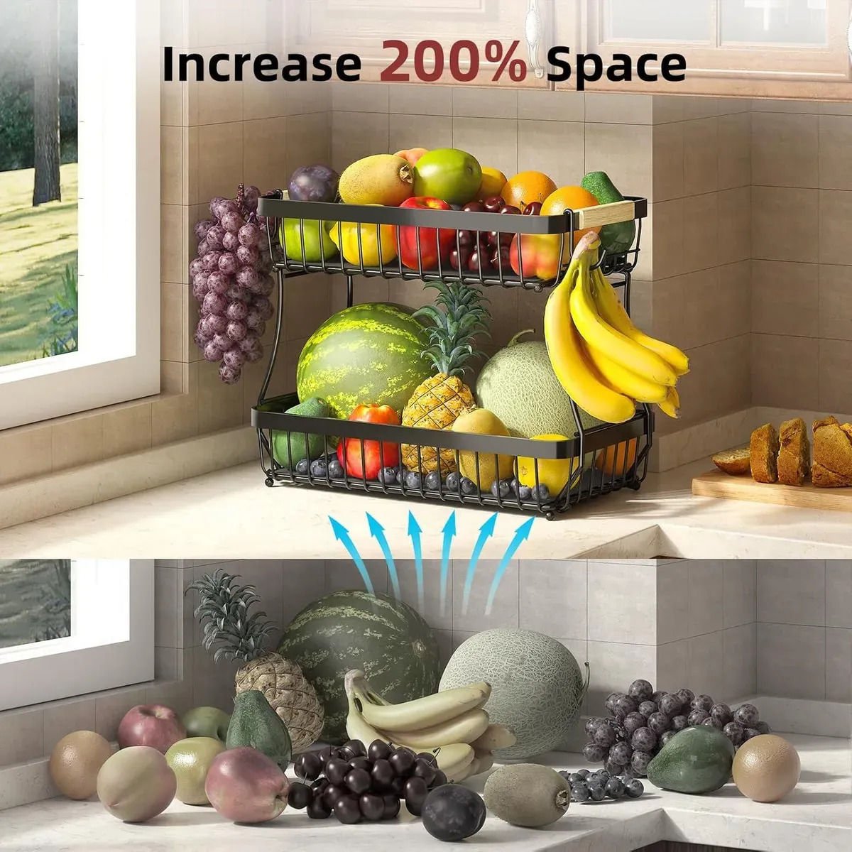 2 - Tier Metal Fruit Basket Kitchen Counter Organiser with Handles for Fruits & Vegetables - Black - Home & Garden > Kitchenware > Food Storage - Rivercity House & Home Co. (ABN 18 642 972 209) - Affordable Modern Furniture Australia