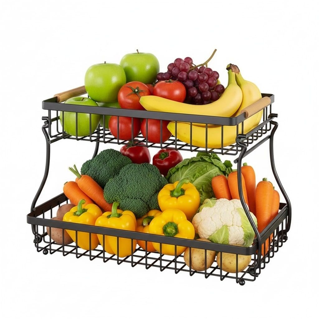 2 - Tier Metal Fruit Basket Kitchen Counter Organiser with Handles for Fruits & Vegetables - Black - Home & Garden > Kitchenware > Food Storage - Rivercity House & Home Co. (ABN 18 642 972 209) - Affordable Modern Furniture Australia