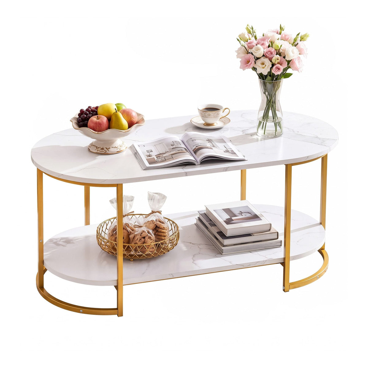 2 Tier Oval Marble Finish Coffee Table with Storage Shelf 100x50x45cm - White & Gold - Furniture > Living Room > Coffee Tables - Rivercity House & Home Co. (ABN 18 642 972 209) - Affordable Modern Furniture Australia