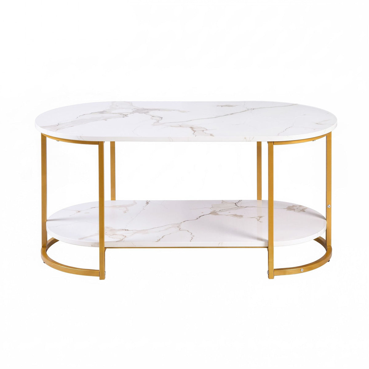 2 Tier Oval Marble Finish Coffee Table with Storage Shelf 100x50x45cm - White & Gold - Furniture > Living Room > Coffee Tables - Rivercity House & Home Co. (ABN 18 642 972 209) - Affordable Modern Furniture Australia