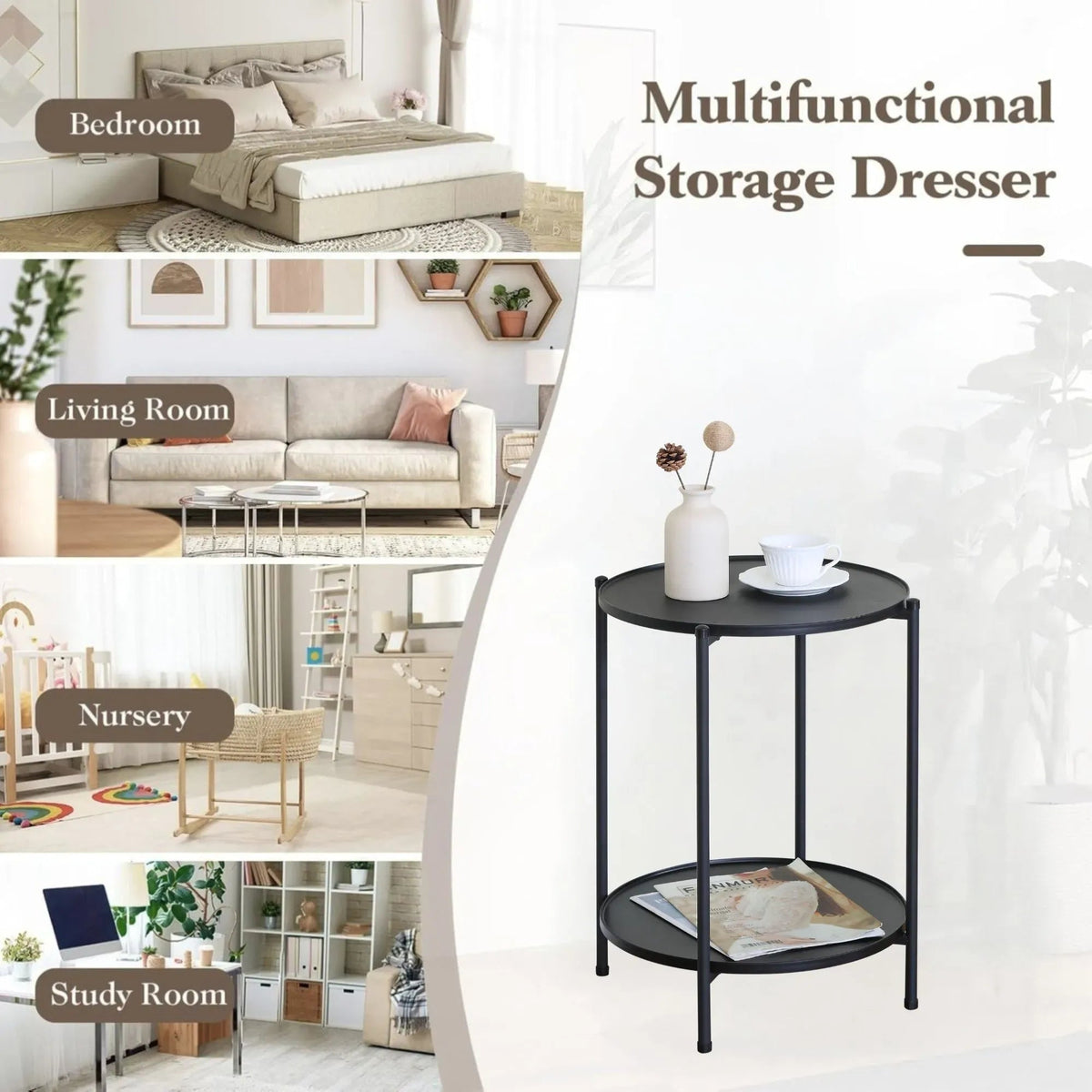 2 Tier Round Metal Side Table with Shelves Basic - Black - Furniture > Sofas > Sofa Accessories - Rivercity House & Home Co. (ABN 18 642 972 209) - Affordable Modern Furniture Australia