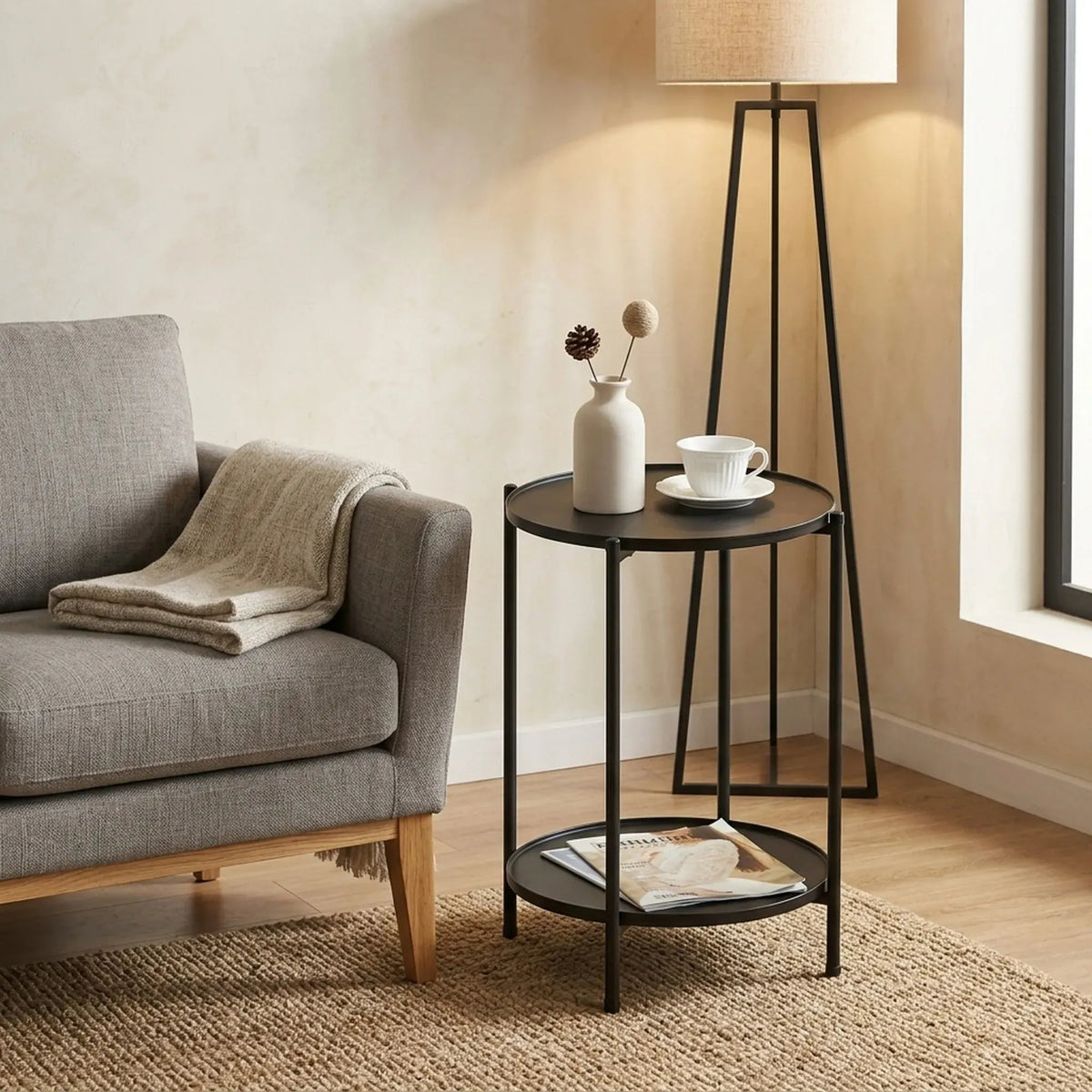 2 Tier Round Metal Side Table with Shelves Basic - Black - Furniture > Sofas > Sofa Accessories - Rivercity House & Home Co. (ABN 18 642 972 209) - Affordable Modern Furniture Australia