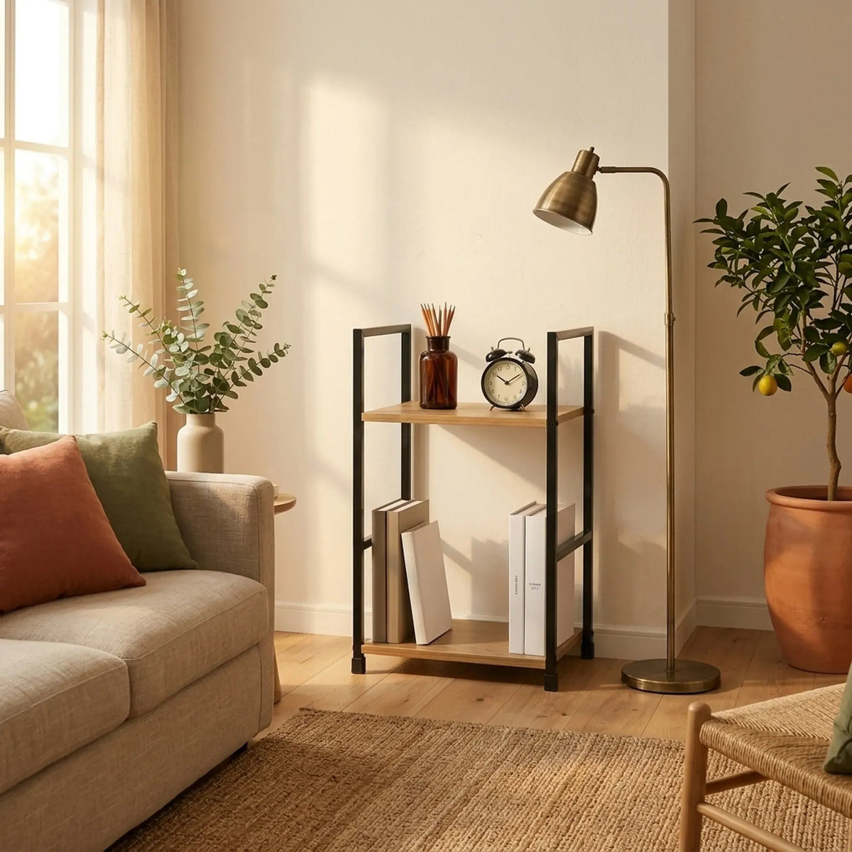 2 Tier Rustic Wood and Metal Bookshelf Display Shelf - Brown - Furniture > Living Room > Bookcases & Shelves - Rivercity House & Home Co. (ABN 18 642 972 209) - Affordable Modern Furniture Australia