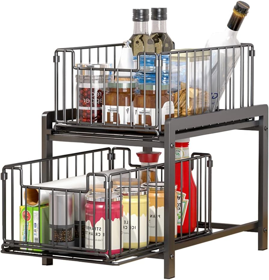 2 Tier Sliding Cabinet Organiser Drawer Storage Rack for Kitchen or Bathroom - Metal - Furniture > Bathroom > Bathroom Cabinets, Cupboards & Storage - Rivercity House & Home Co. (ABN 18 642 972 209) - Affordable Modern Furniture Australia