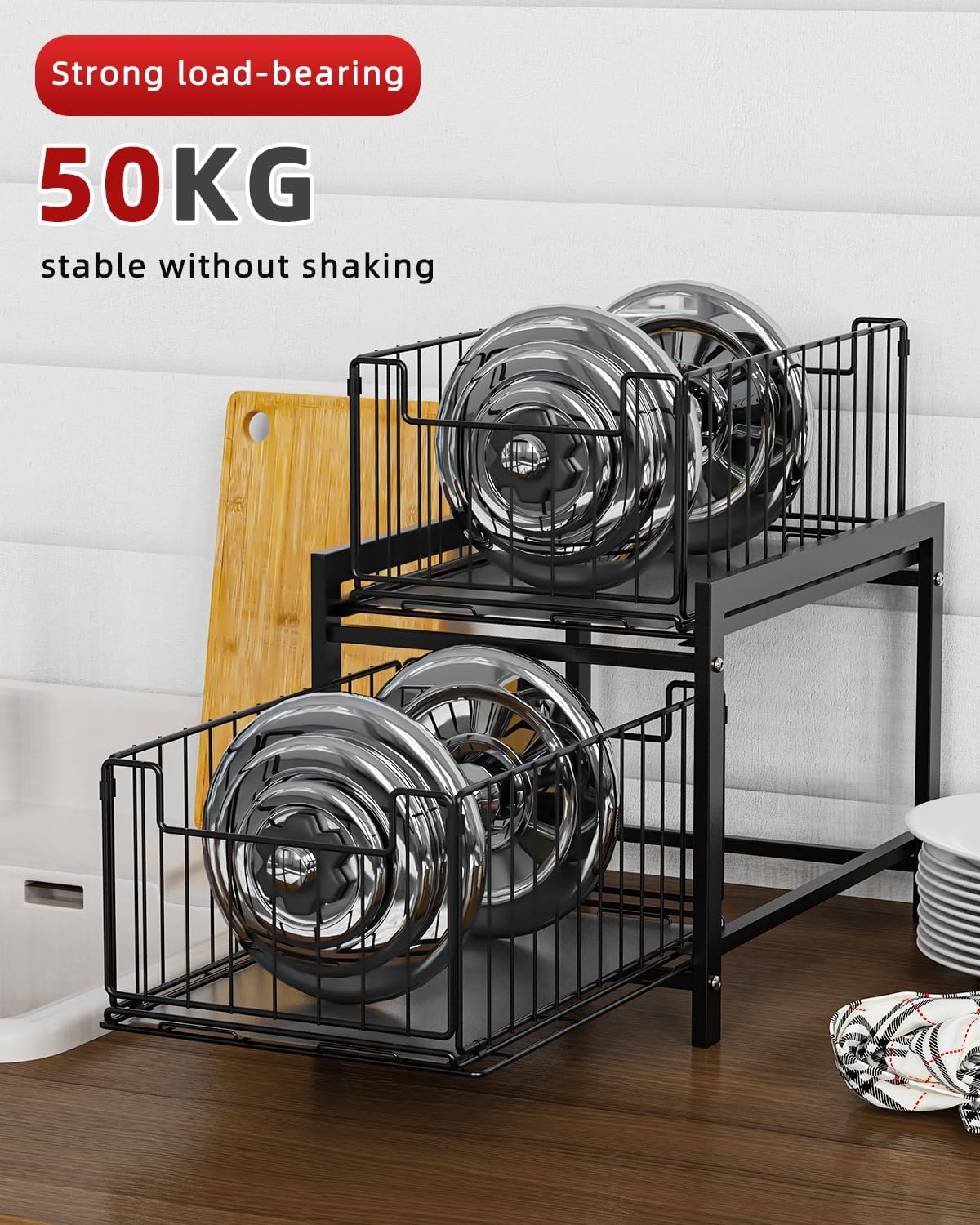2 Tier Sliding Cabinet Organiser Drawer Storage Rack for Kitchen or Bathroom - Metal - Furniture > Bathroom > Bathroom Cabinets, Cupboards & Storage - Rivercity House & Home Co. (ABN 18 642 972 209) - Affordable Modern Furniture Australia