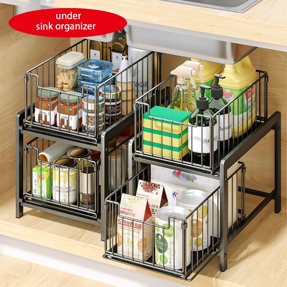 2 Tier Sliding Cabinet Organiser Drawer Storage Rack for Kitchen or Bathroom - Metal - Furniture > Bathroom > Bathroom Cabinets, Cupboards & Storage - Rivercity House & Home Co. (ABN 18 642 972 209) - Affordable Modern Furniture Australia
