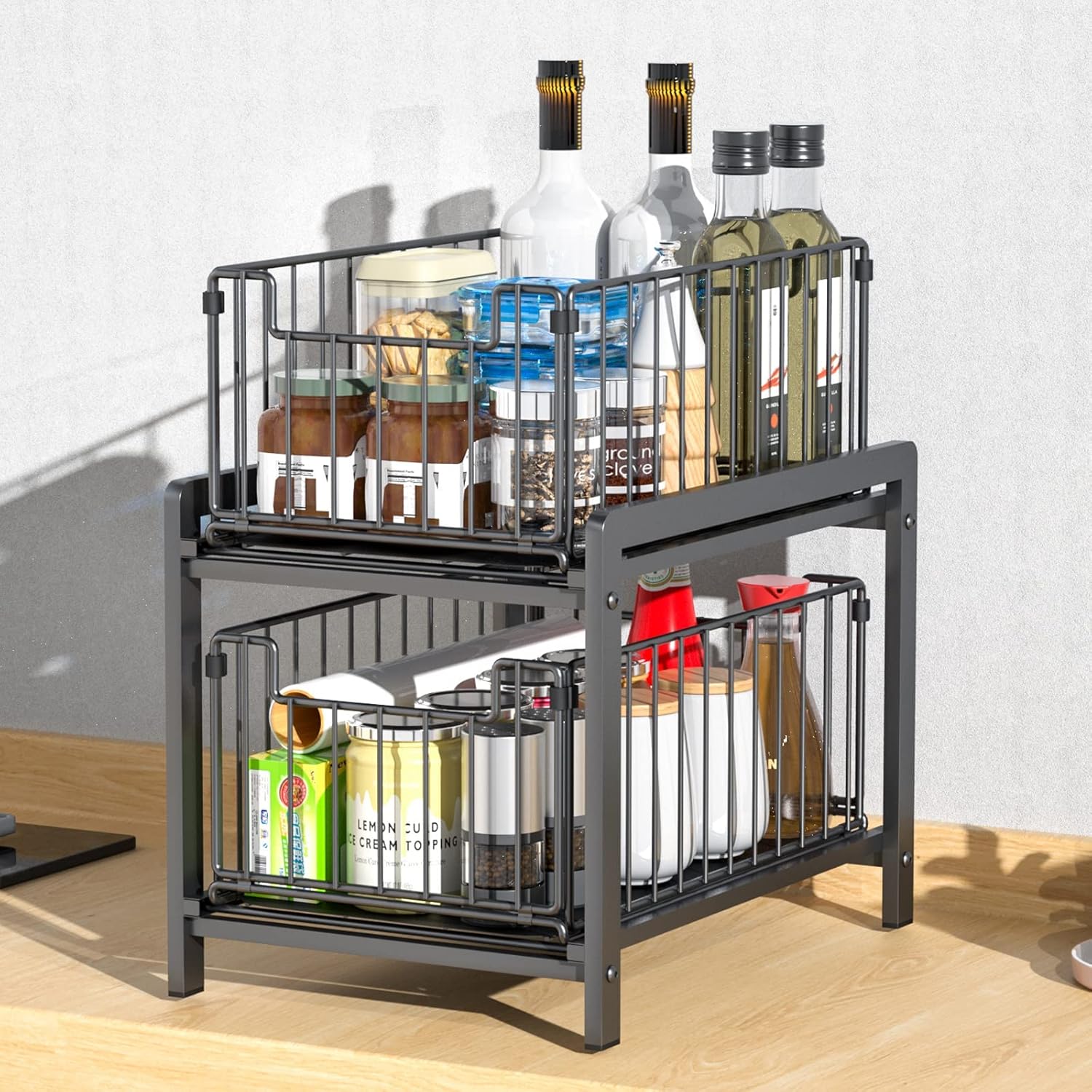 2 Tier Sliding Cabinet Organiser Drawer Storage Rack for Kitchen or Bathroom - Metal - Furniture > Bathroom > Bathroom Cabinets, Cupboards & Storage - Rivercity House & Home Co. (ABN 18 642 972 209) - Affordable Modern Furniture Australia