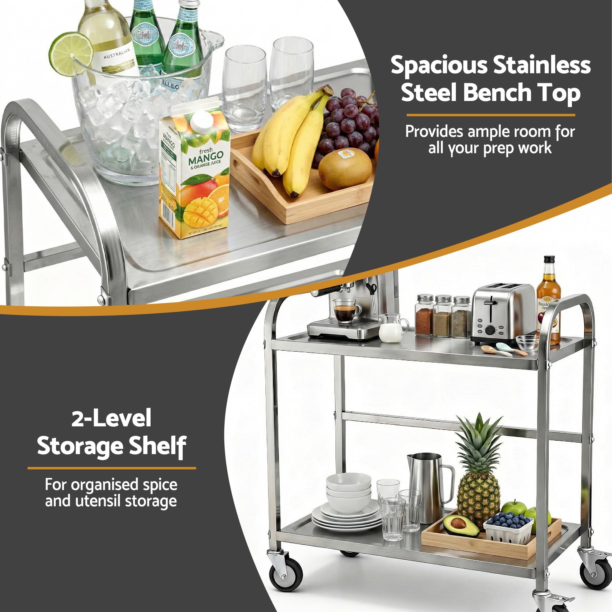 2 - Tier Stainless Steel Kitchen Trolley with Wheels 84x56x98cm - Furniture > Dining > Kitchen Sinks - Rivercity House & Home Co. (ABN 18 642 972 209) - Affordable Modern Furniture Australia