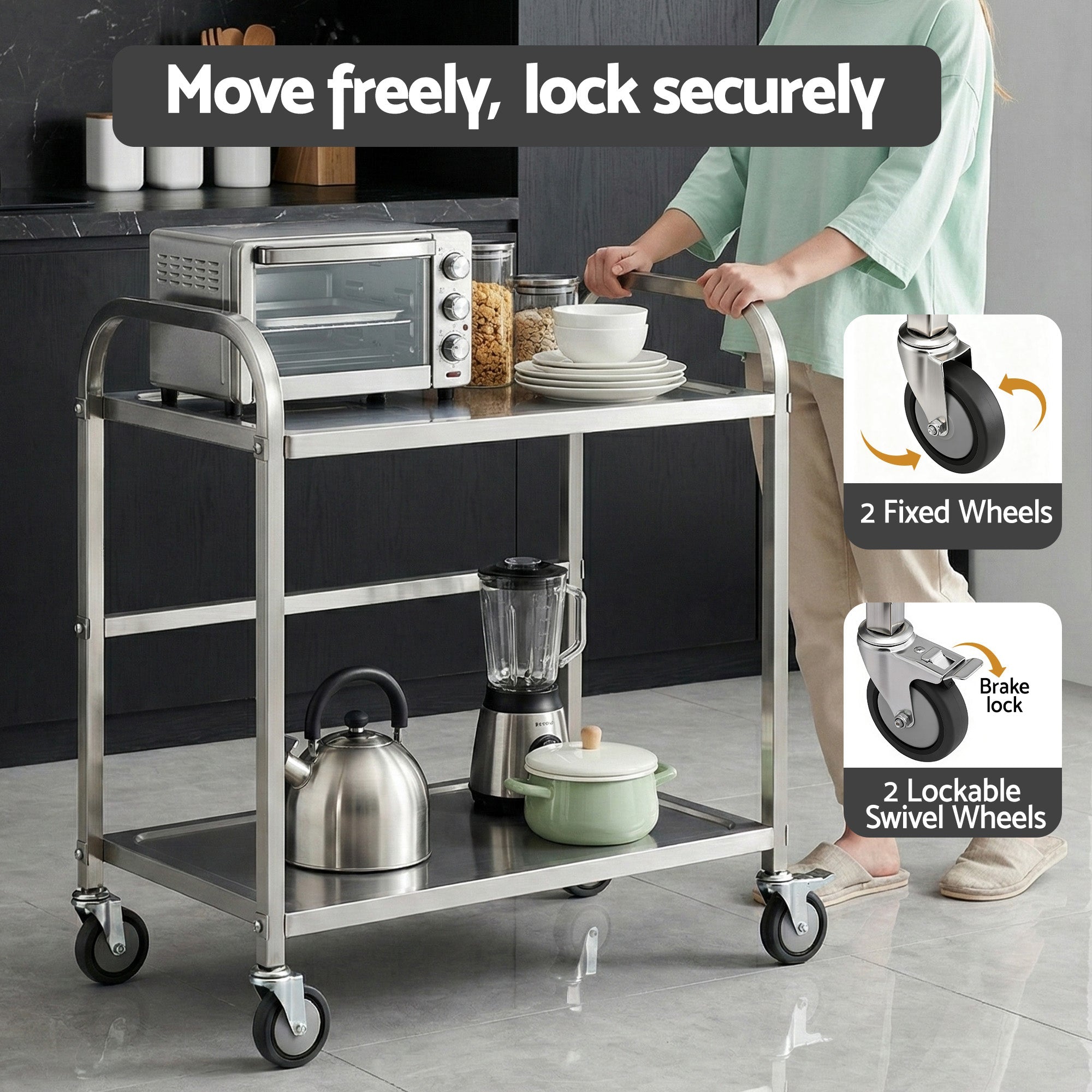 2 - Tier Stainless Steel Kitchen Trolley with Wheels 84x56x98cm - Furniture > Dining > Kitchen Sinks - Rivercity House & Home Co. (ABN 18 642 972 209) - Affordable Modern Furniture Australia