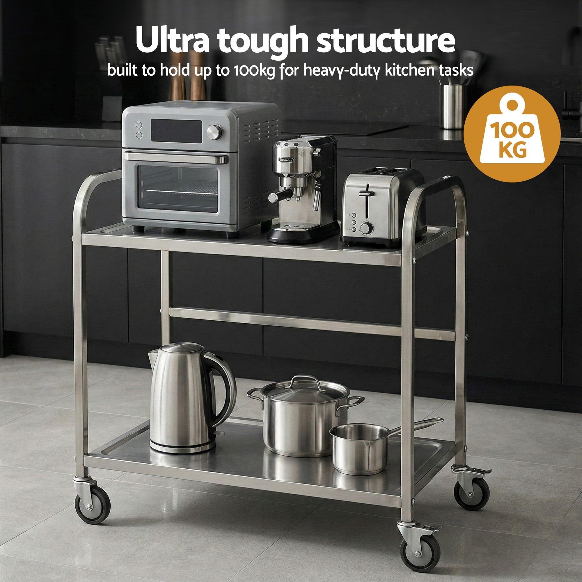 2 - Tier Stainless Steel Kitchen Trolley with Wheels 84x56x98cm - Furniture > Dining > Kitchen Sinks - Rivercity House & Home Co. (ABN 18 642 972 209) - Affordable Modern Furniture Australia