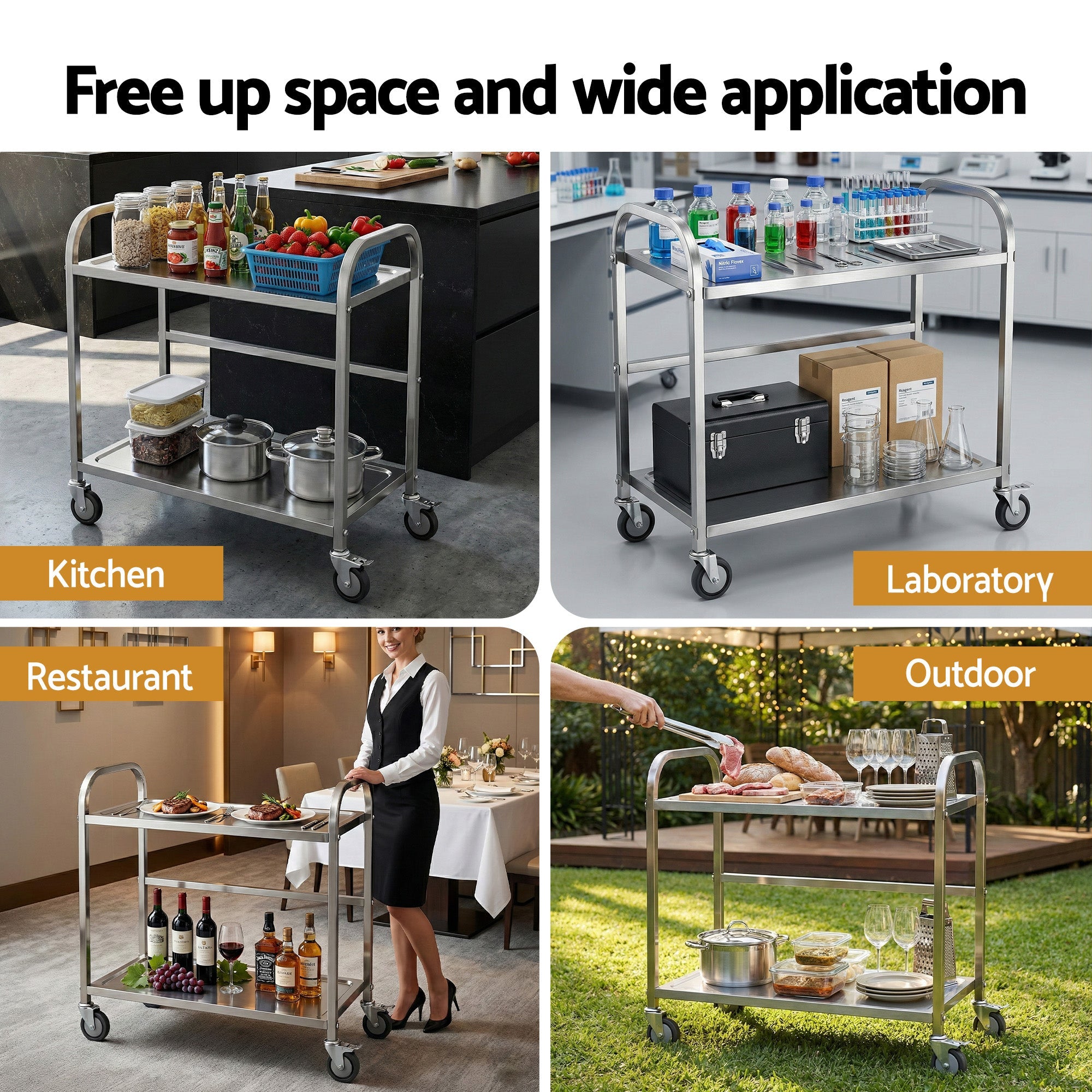 2 - Tier Stainless Steel Kitchen Trolley with Wheels 84x56x98cm - Furniture > Dining > Kitchen Sinks - Rivercity House & Home Co. (ABN 18 642 972 209) - Affordable Modern Furniture Australia
