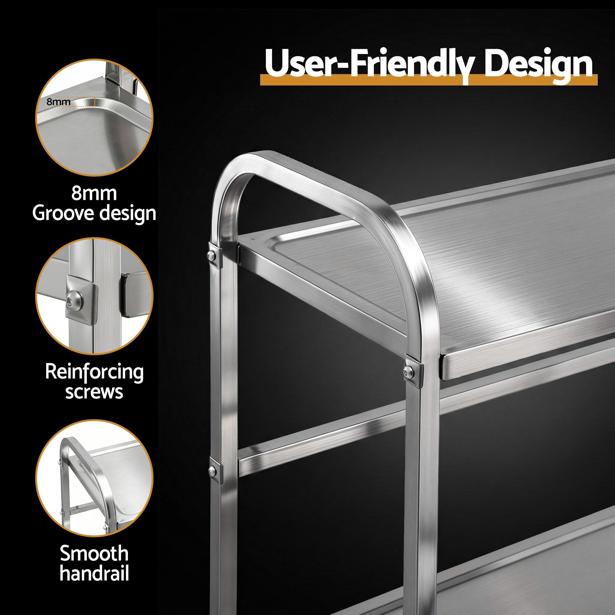 2 - Tier Stainless Steel Kitchen Trolley with Wheels 84x56x98cm - Furniture > Dining > Kitchen Sinks - Rivercity House & Home Co. (ABN 18 642 972 209) - Affordable Modern Furniture Australia