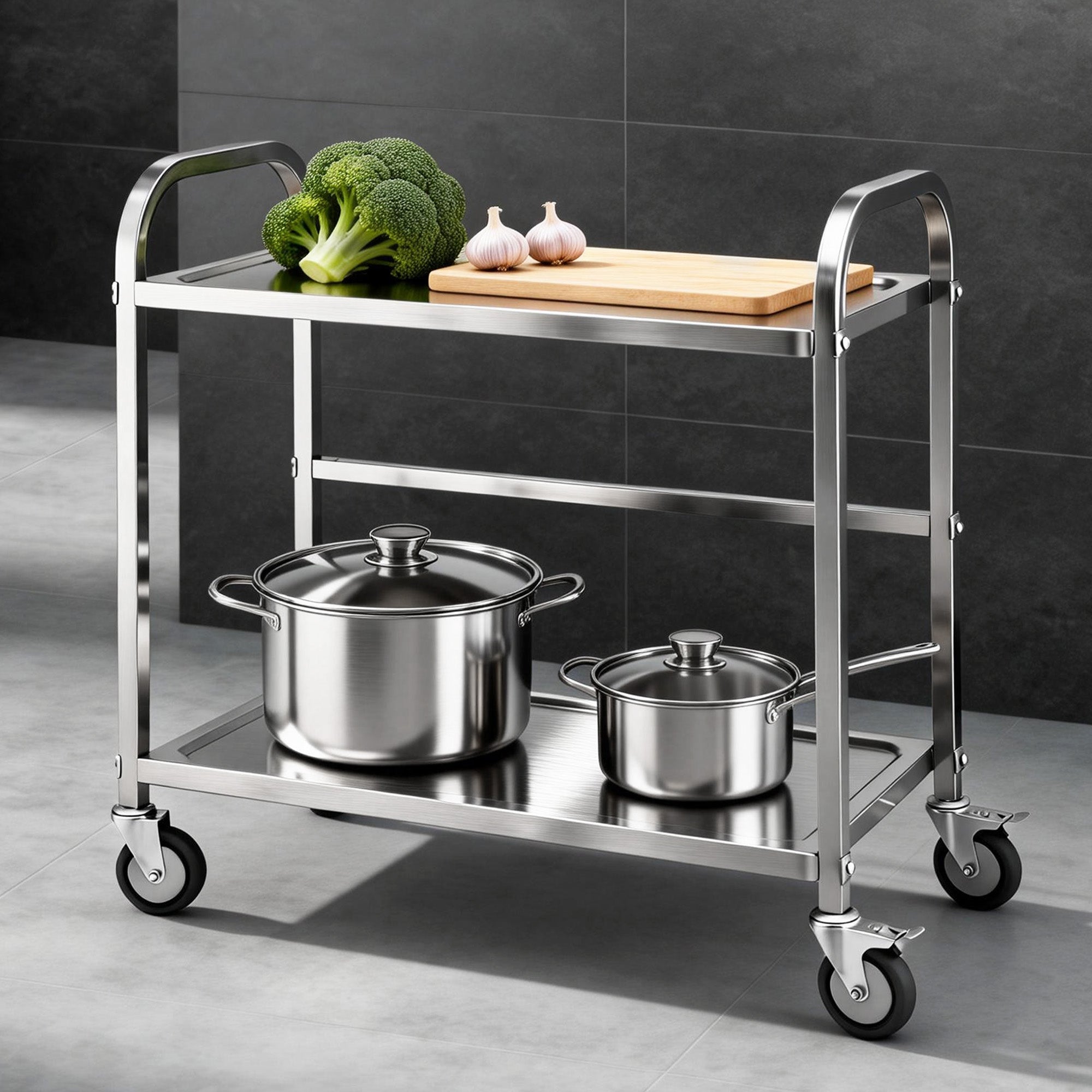 2 - Tier Stainless Steel Kitchen Trolley with Wheels 84x56x98cm - Furniture > Dining > Kitchen Sinks - Rivercity House & Home Co. (ABN 18 642 972 209) - Affordable Modern Furniture Australia