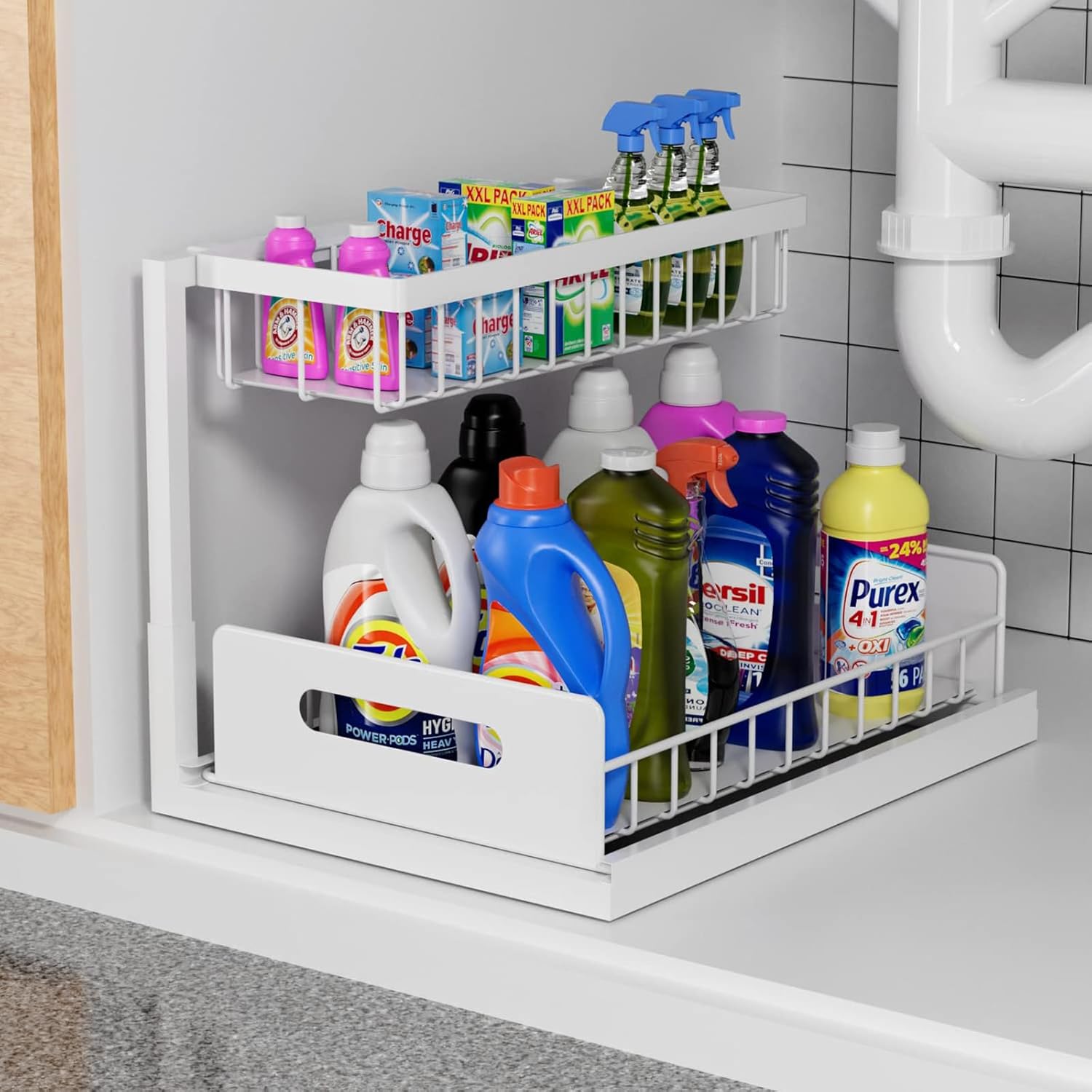 2 Tier Under Sink Organiser with Sliding Drawers for Kitchen & Bathroom - Metal - Furniture > Bathroom > Tap & Sink Accessories - Rivercity House & Home Co. (ABN 18 642 972 209) - Affordable Modern Furniture Australia