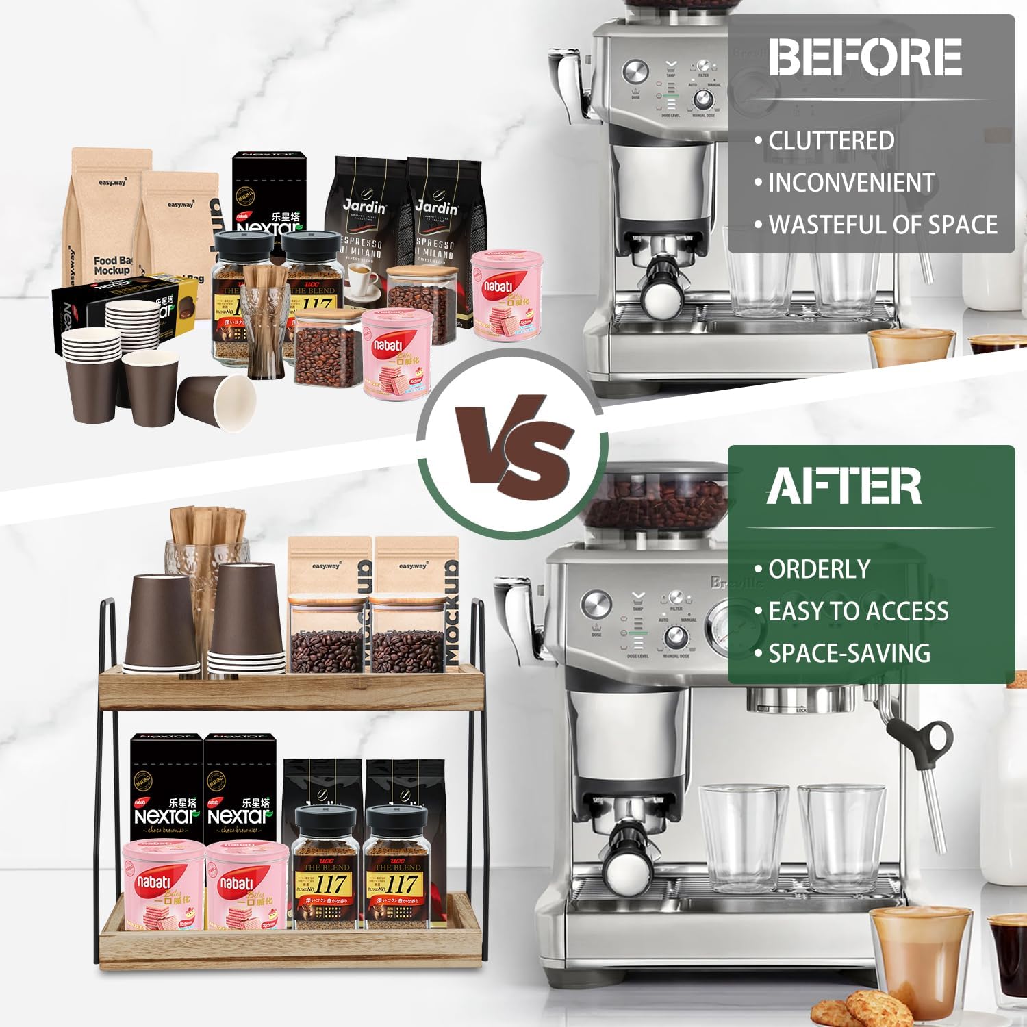 2 - Tier Wooden Coffee Station Rack Organizer for Coffee Bar, Condiments, Syrups, Storage Jars & Spice Storage Shelf - Furniture > Office > Storage Cabinets - Rivercity House & Home Co. (ABN 18 642 972 209) - Affordable Modern Furniture Australia