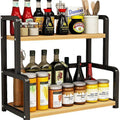 2-Tier Wooden Kitchen Countertop Spice Rack for Condiments, Oils & Jars - Natural Wood & Black
