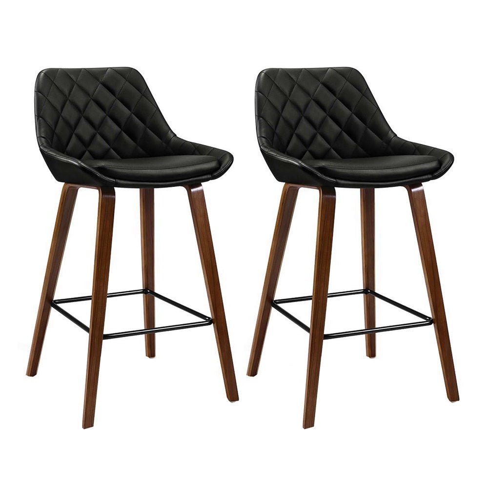 2 x Bar Stools Bentwood PU Leather Diamond Pleat - Black - Rivercity House & Home Co. (ABN 18 642 972 209) - Affordable Modern Furniture Australia