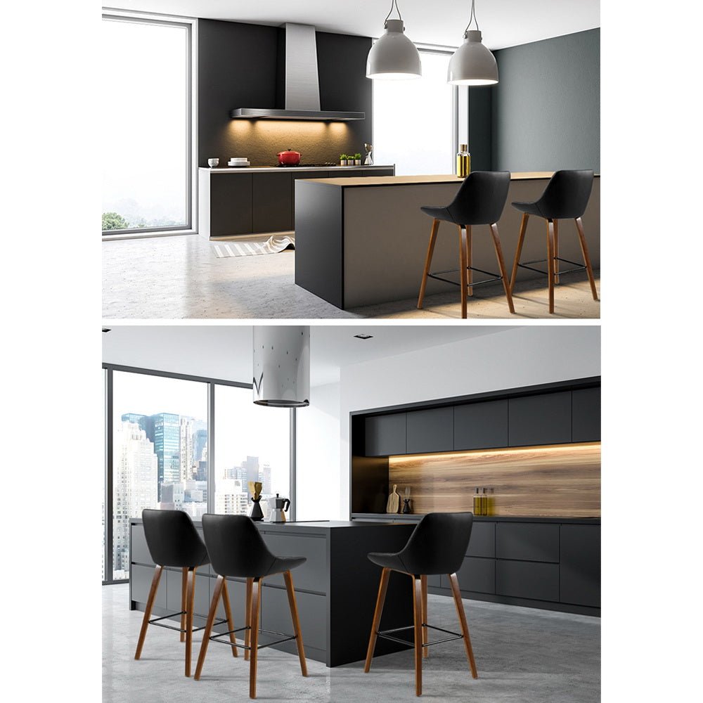 2 x Bar Stools Bentwood PU Leather Diamond Pleat - Black - Rivercity House & Home Co. (ABN 18 642 972 209) - Affordable Modern Furniture Australia