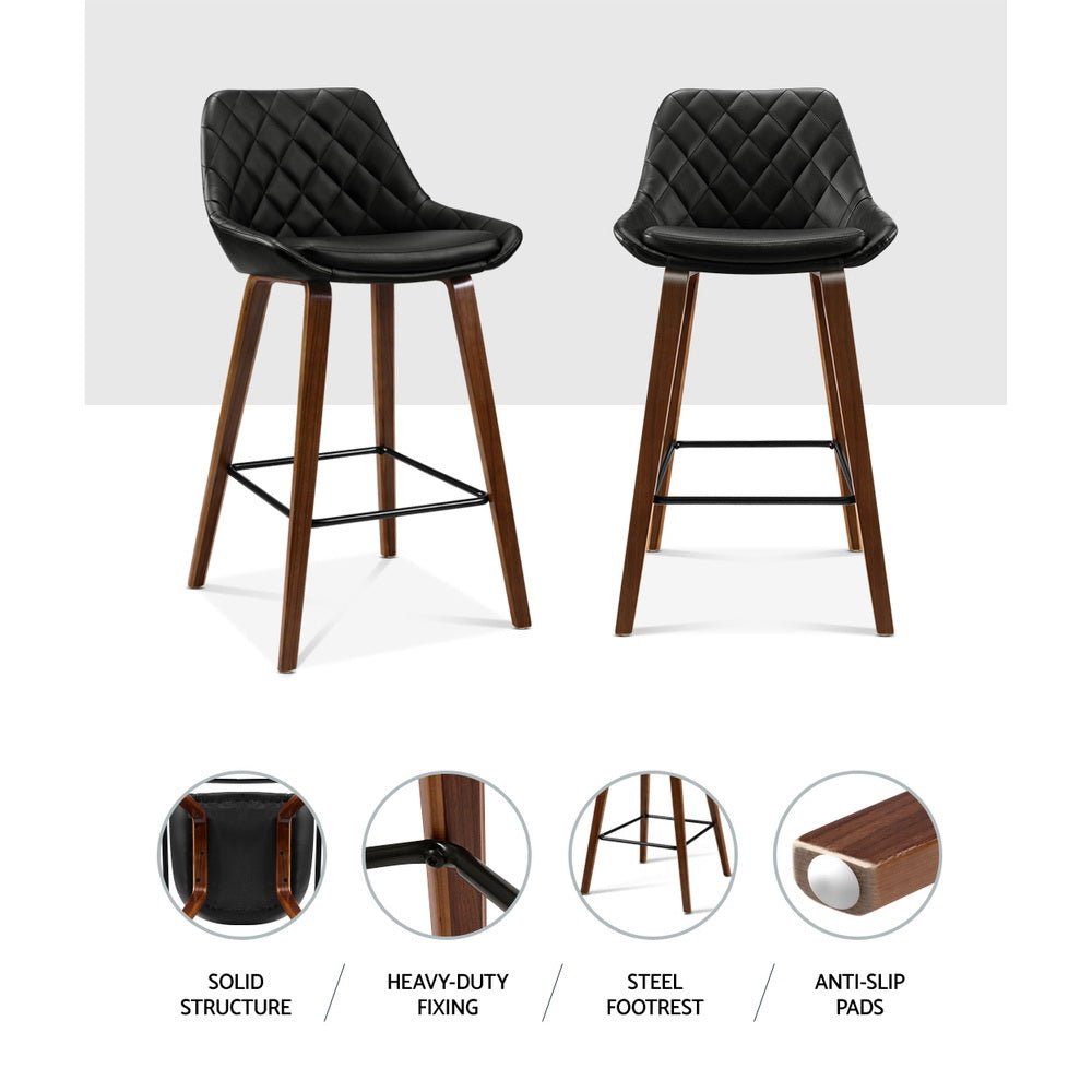 2 x Bar Stools Bentwood PU Leather Diamond Pleat - Black - Rivercity House & Home Co. (ABN 18 642 972 209) - Affordable Modern Furniture Australia