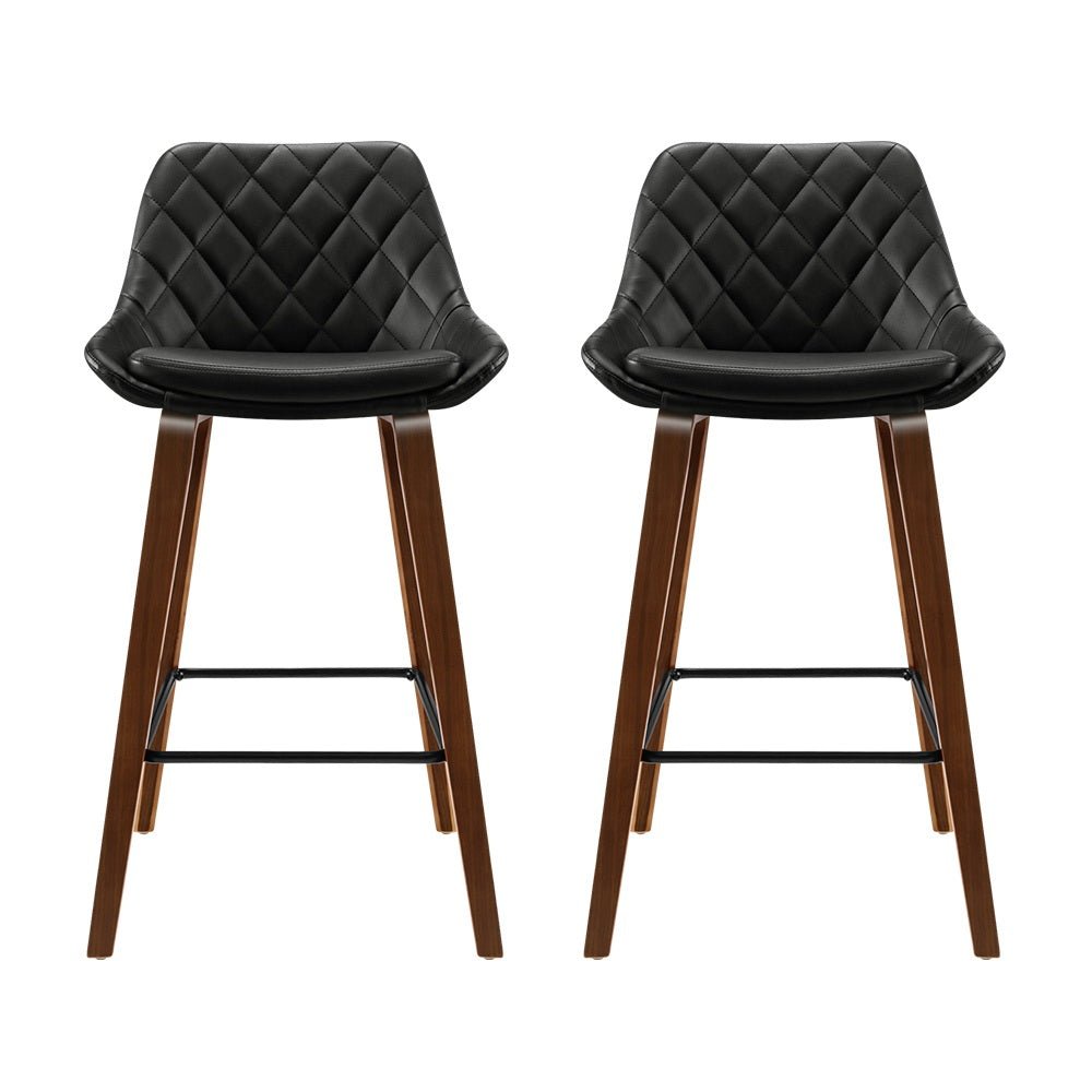 2 x Bar Stools Bentwood PU Leather Diamond Pleat - Black - Rivercity House & Home Co. (ABN 18 642 972 209) - Affordable Modern Furniture Australia