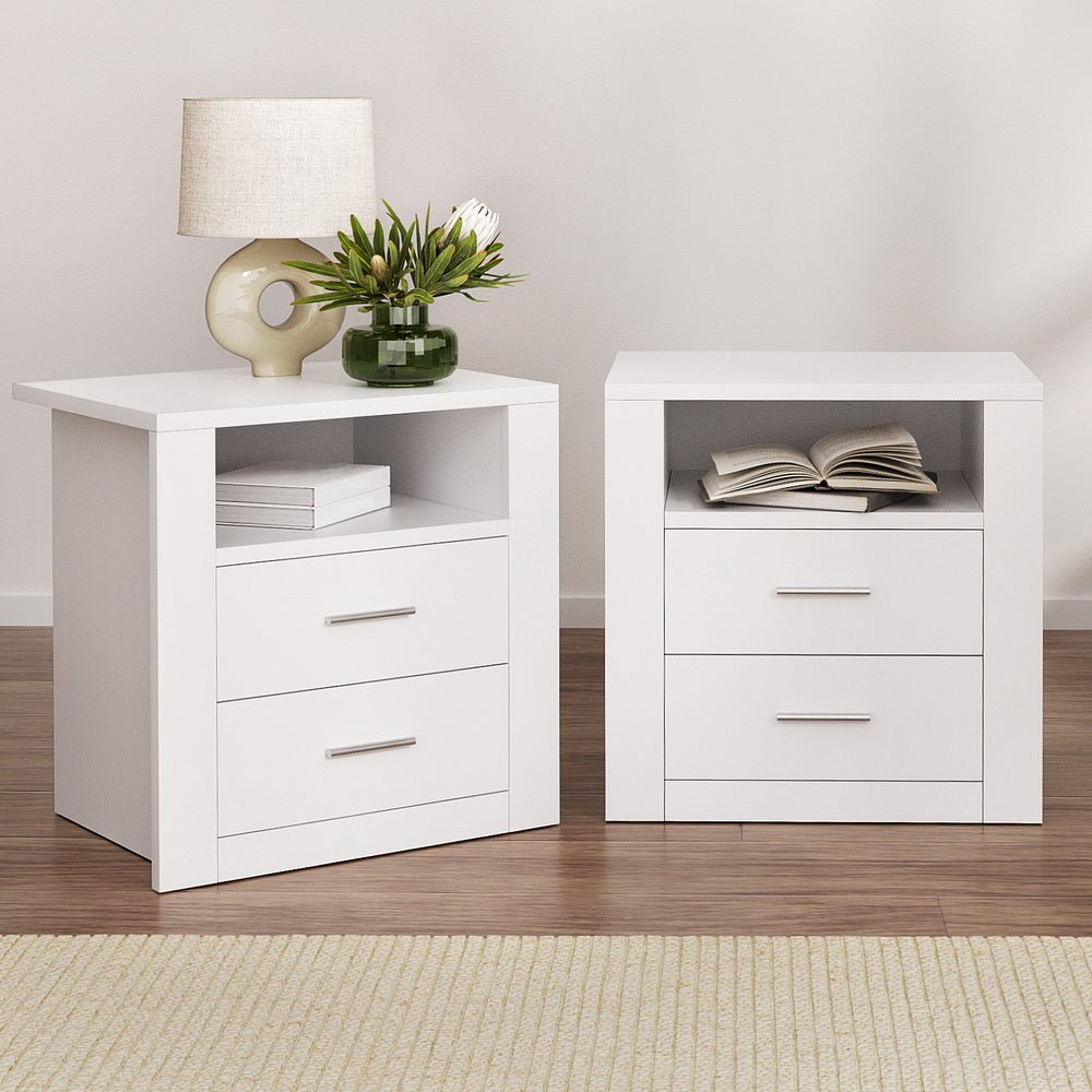 2 X Bedside Table 2 Drawers with Shelf - TARA White - Furniture > Bedroom > Bedside Tables - Rivercity House & Home Co. (ABN 18 642 972 209) - Affordable Modern Furniture Australia