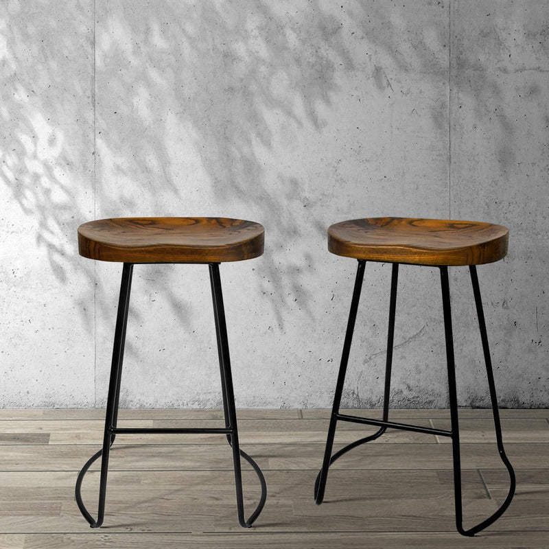 2 x Elm Wood Backless Bar Stools 65cm - Black and Dark Natural - Rivercity House & Home Co. (ABN 18 642 972 209) - Affordable Modern Furniture Australia