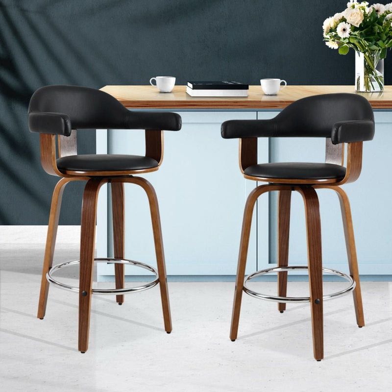 2 x PU Leather Wooden Swivel Bar Stools - Rivercity House & Home Co. (ABN 18 642 972 209) - Affordable Modern Furniture Australia