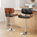 Set of 2 Hailey Wood and Leather Gas Lift Bar Stools Black and Chrome