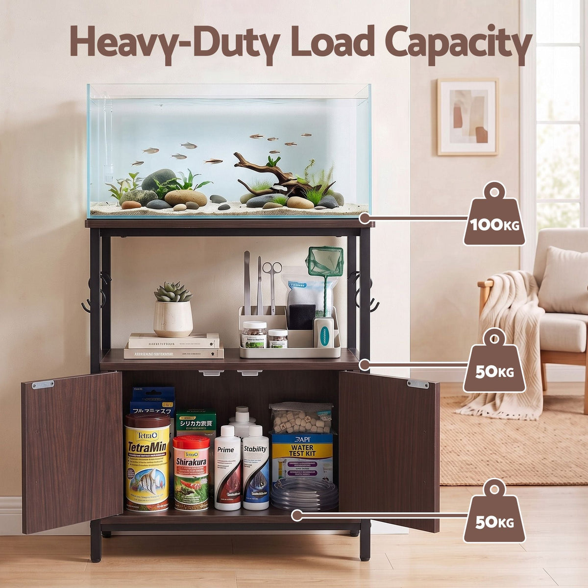 20 Gallon 3-Tier Fish Tank Stand with Storage Cabinet and Open Shelf - Walnut - Furniture > Living Room > Bookcases & Shelves - Rivercity House & Home Co. (ABN 18 642 972 209) - Affordable Modern Furniture Australia
