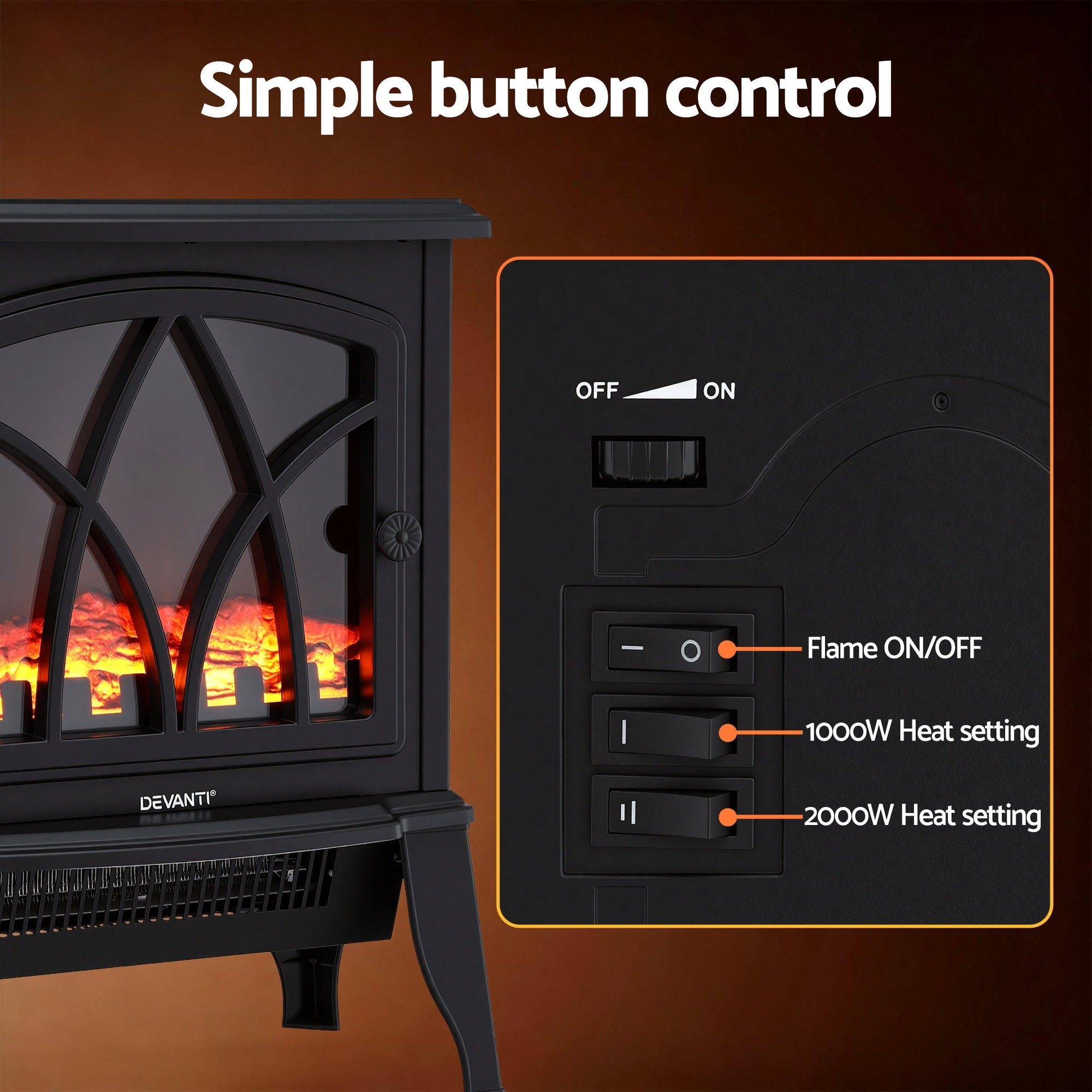 2000W Freestanding Electric Fireplace Heater with 3D Flame Effect - Black - Appliances > Heaters > Electric Heaters - Rivercity House & Home Co. (ABN 18 642 972 209) - Affordable Modern Furniture Australia