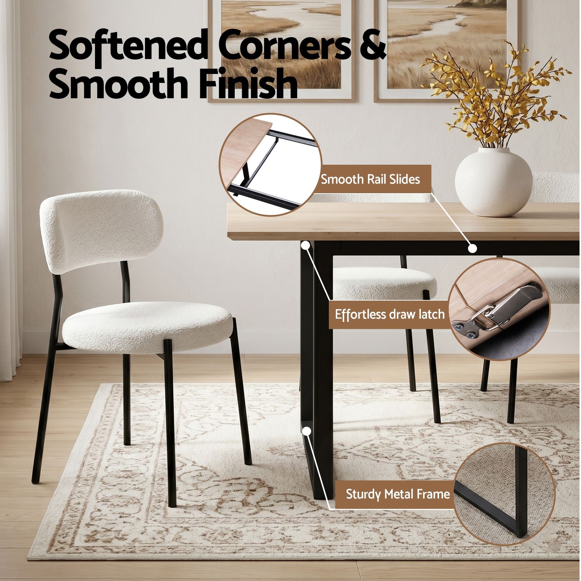 200cm Extendable Dining Table Set with 4x Dining Chairs Sherpa White - Furniture > Dining > Dining Set - Rivercity House & Home Co. (ABN 18 642 972 209) - Affordable Modern Furniture Australia