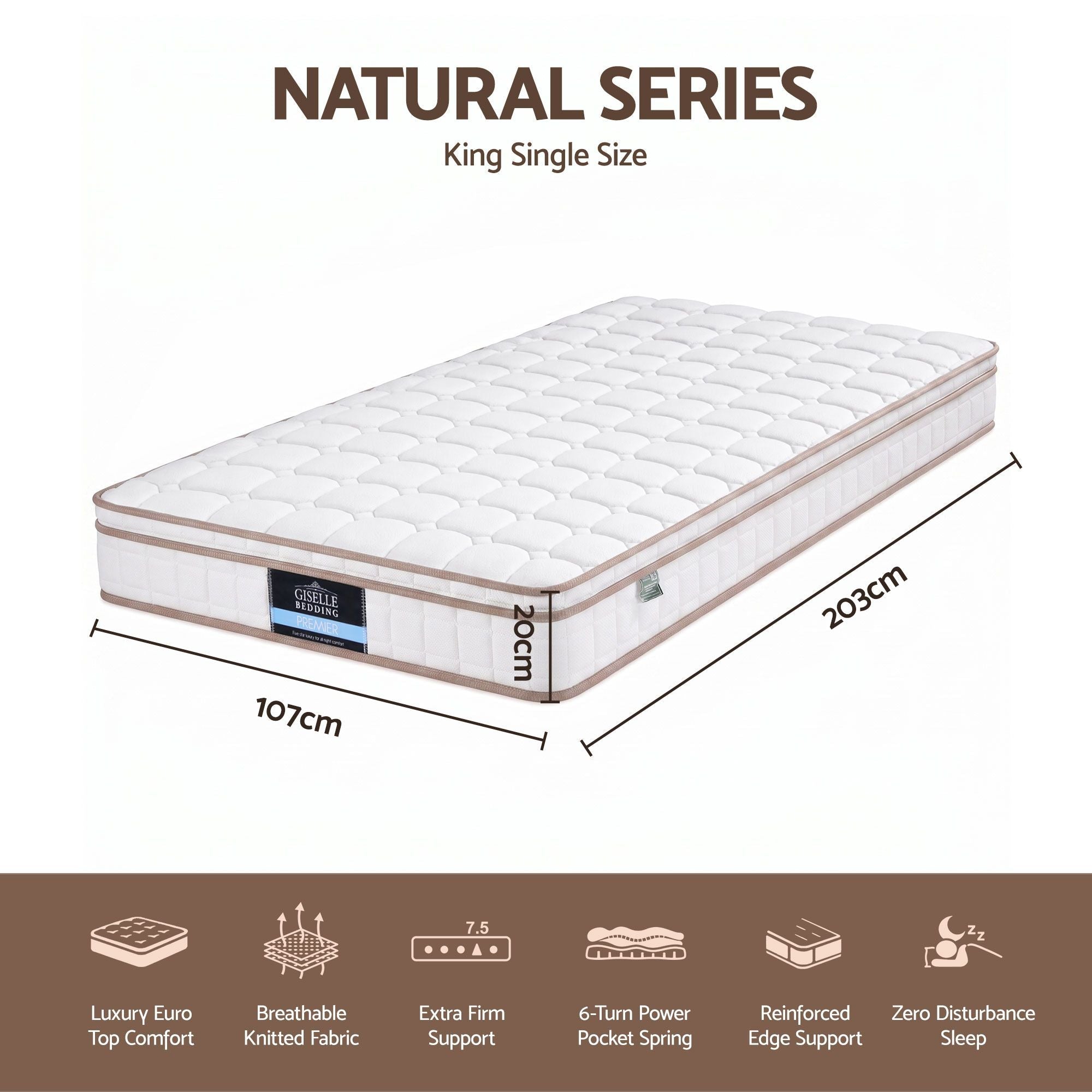20cm Firm King Single Pocket Spring Mattress for Bedroom or Guest Room - Furniture > Mattresses > King Single Mattress - Rivercity House & Home Co. (ABN 18 642 972 209) - Affordable Modern Furniture Australia