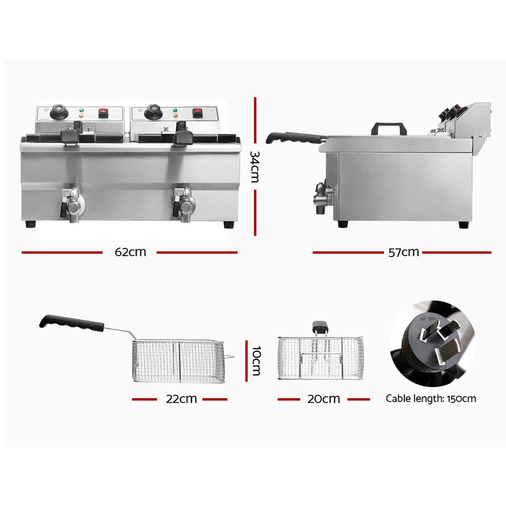 20L Electric Commercial Deep Fryer Double Baskets Oil Taps 6000W - Appliances > Kitchen Appliances > Deep Fryers - Rivercity House & Home Co. (ABN 18 642 972 209) - Affordable Modern Furniture Australia