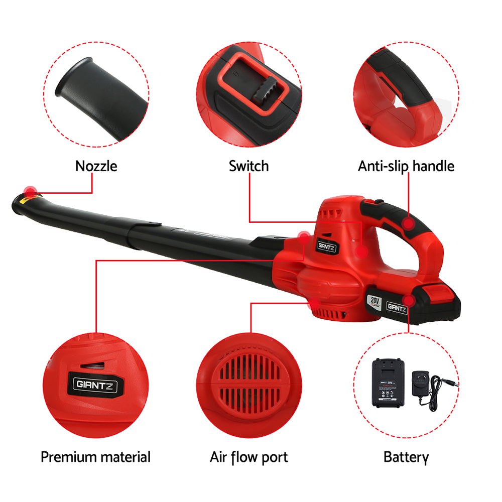 20V Cordless Lithium Battery Electric Leaf Blower with 2-Speed Nozzles - Black and Red - Home & Garden > Garden Tools > Leaf Blowers - Rivercity House & Home Co. (ABN 18 642 972 209) - Affordable Modern Furniture Australia