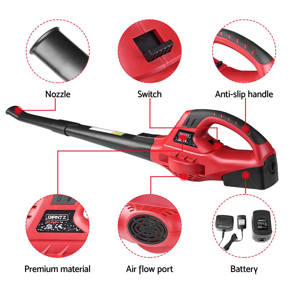 20V Cordless Lithium-Ion Electric Leaf Blower with 2-Speed Nozzles - Black and Red - Home & Garden > Garden Tools > Leaf Blowers - Rivercity House & Home Co. (ABN 18 642 972 209) - Affordable Modern Furniture Australia