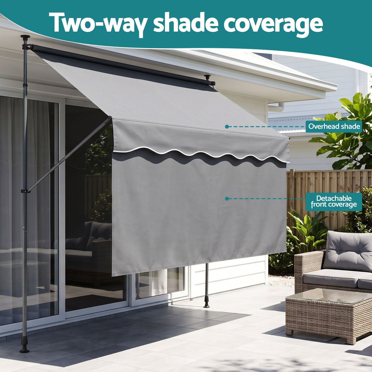 2.1m x 1.8m Manual Pivot Arm Awning with Front Curtain - Grey - Home & Garden > Shading > Awnings - Rivercity House & Home Co. (ABN 18 642 972 209) - Affordable Modern Furniture Australia