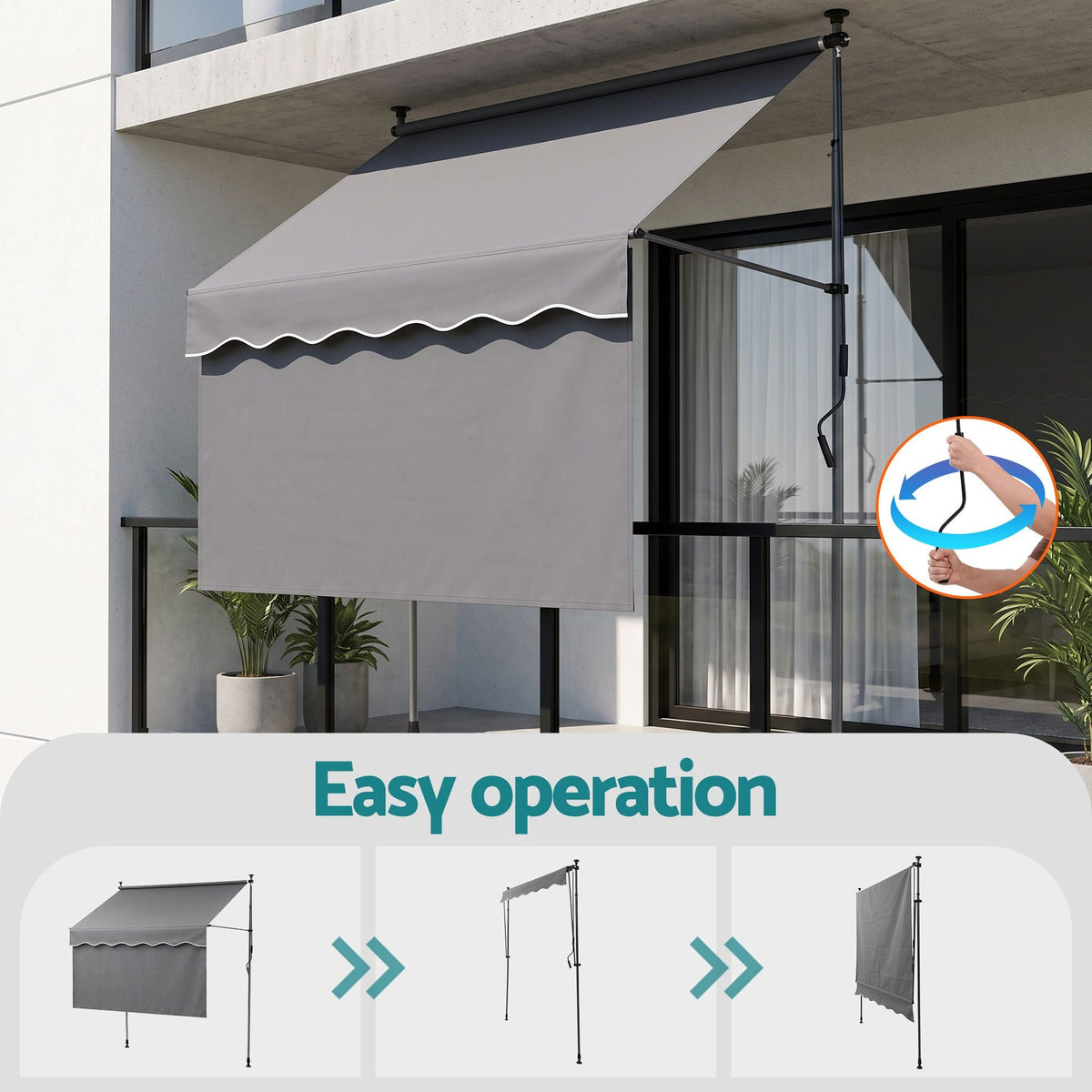 2.1m x 1.8m Manual Pivot Arm Awning with Front Curtain - Grey - Home & Garden > Shading > Awnings - Rivercity House & Home Co. (ABN 18 642 972 209) - Affordable Modern Furniture Australia