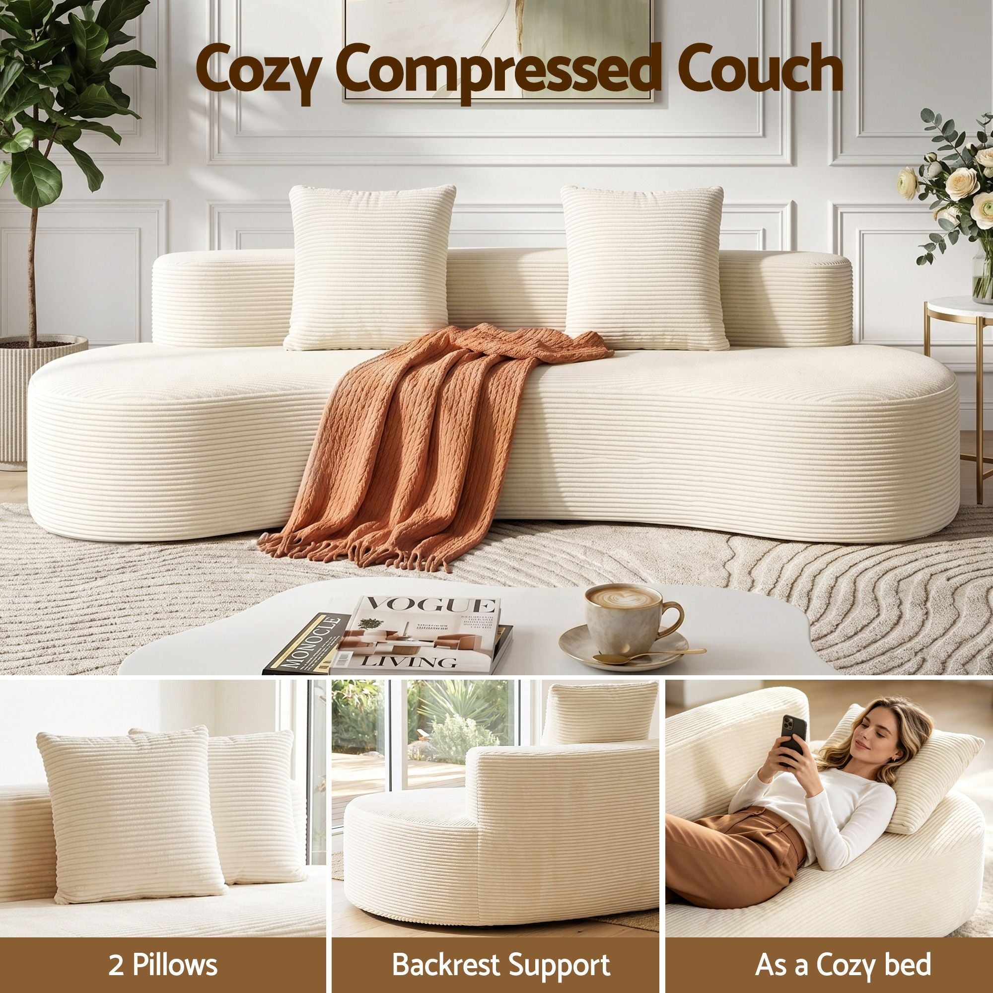 228cm Modular Sofa Bed Sectional Boneless Couches for Living Room No Assembly Required - Furniture > Sofas > Sofas & Sofa Beds - Rivercity House & Home Co. (ABN 18 642 972 209) - Affordable Modern Furniture Australia