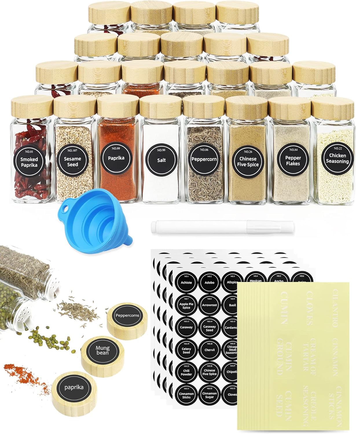 24 Glass Spice Jars with Bamboo Lids, Shaker Tops, 180 Labels, Pen & Funnel for Kitchen Organization - Natural - Food & Beverage > Pantry > Seasonings & Spices - Rivercity House & Home Co. (ABN 18 642 972 209) - Affordable Modern Furniture Australia