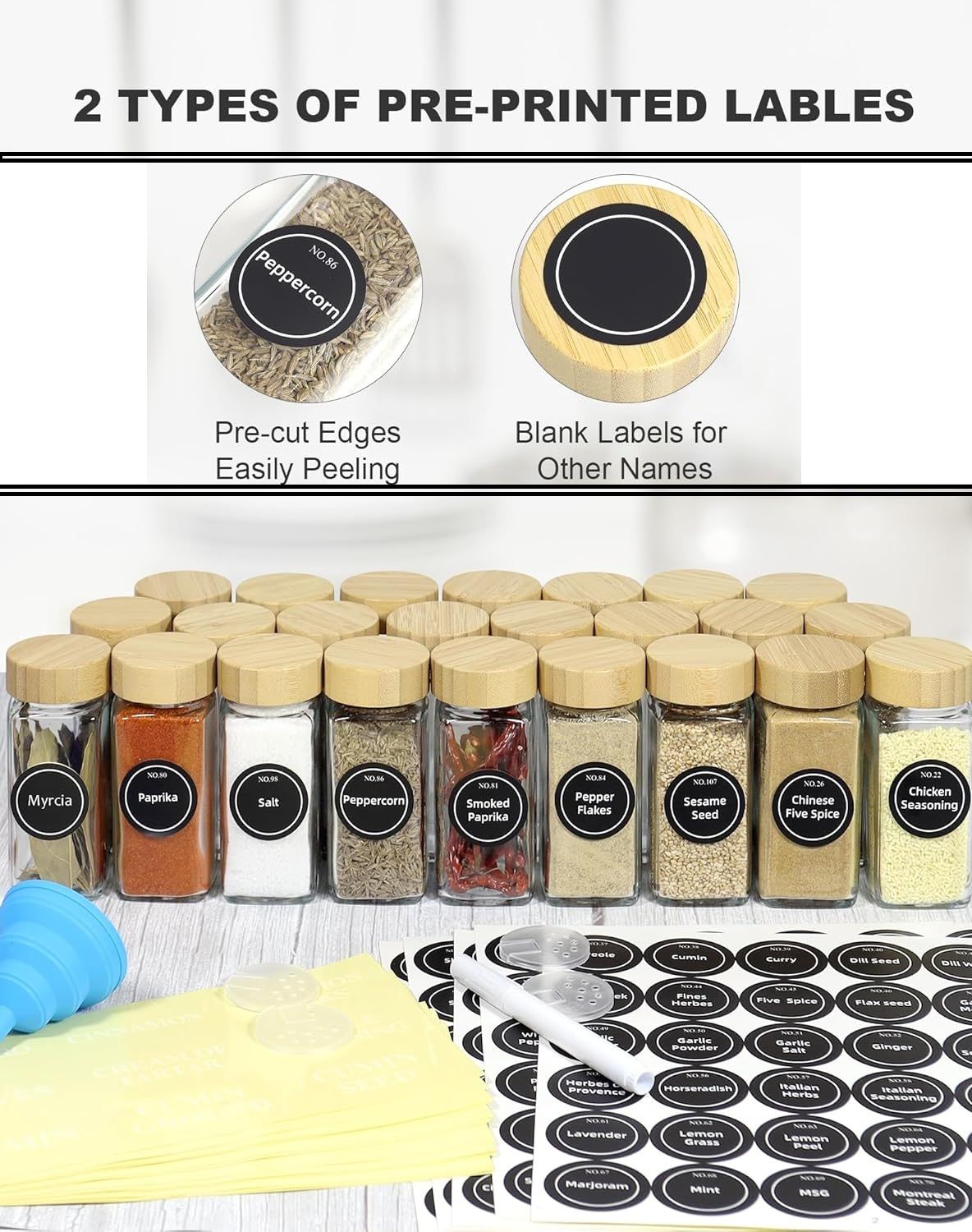 24 Glass Spice Jars with Bamboo Lids, Shaker Tops, 180 Labels, Pen & Funnel for Kitchen Organization - Natural - Food & Beverage > Pantry > Seasonings & Spices - Rivercity House & Home Co. (ABN 18 642 972 209) - Affordable Modern Furniture Australia