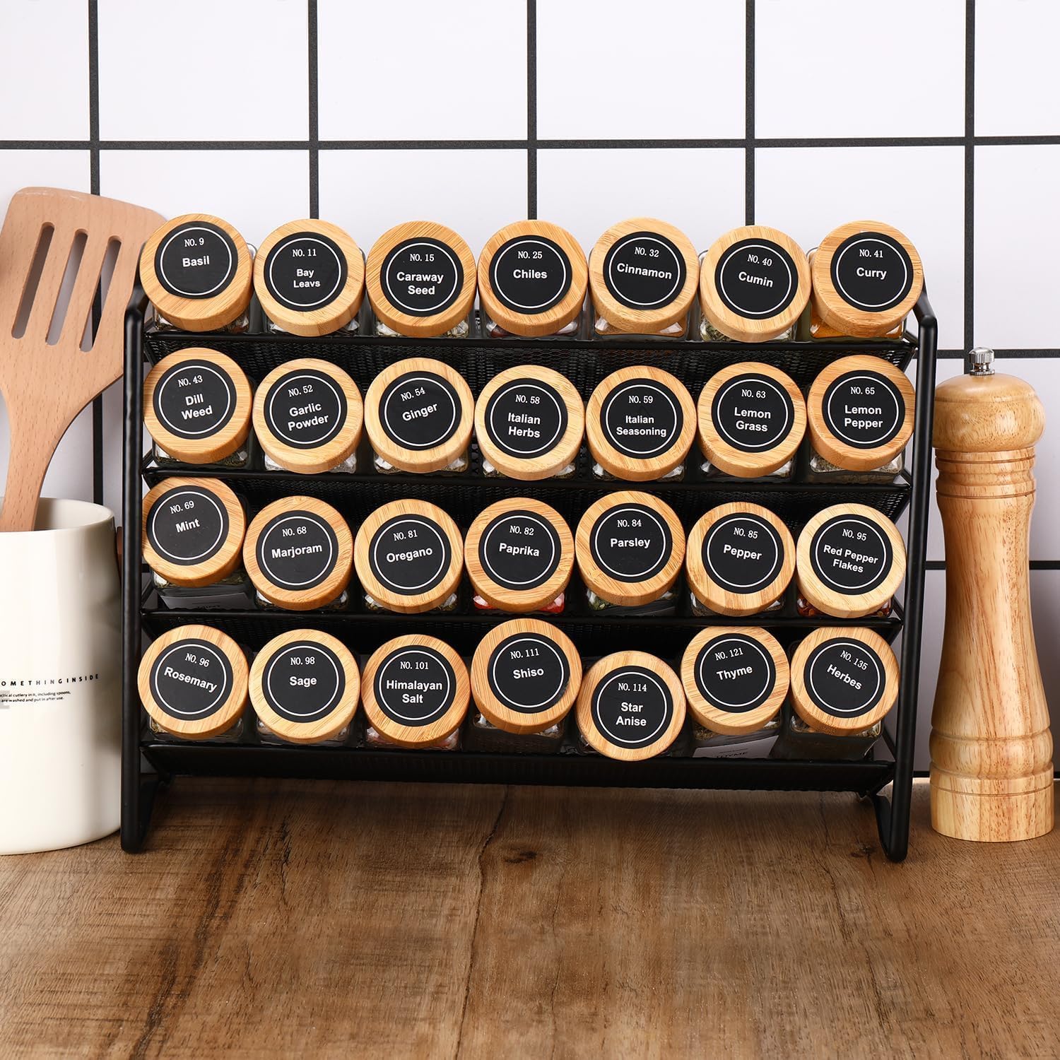 24 Glass Spice Jars with Bamboo Lids, Shaker Tops, 180 Labels, Pen & Funnel for Kitchen Organization - Natural - Food & Beverage > Pantry > Seasonings & Spices - Rivercity House & Home Co. (ABN 18 642 972 209) - Affordable Modern Furniture Australia