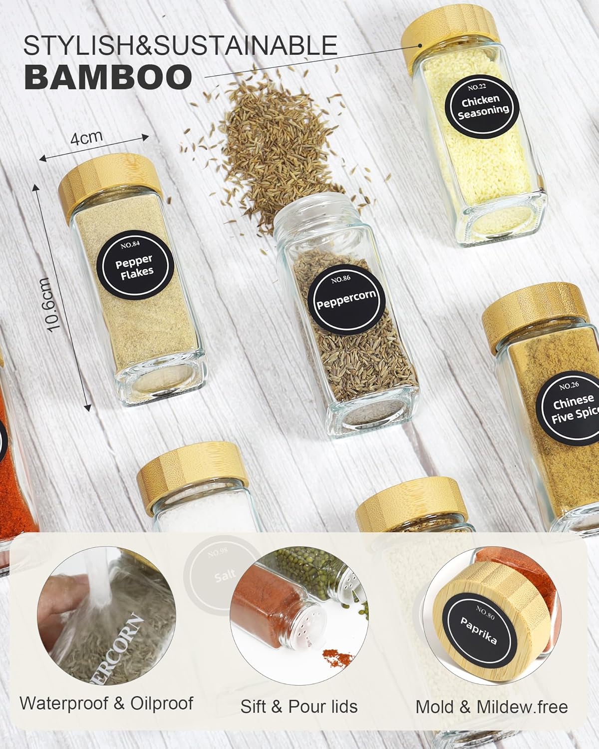 24 Glass Spice Jars with Bamboo Lids, Shaker Tops, 180 Labels, Pen & Funnel for Kitchen Organization - Natural - Food & Beverage > Pantry > Seasonings & Spices - Rivercity House & Home Co. (ABN 18 642 972 209) - Affordable Modern Furniture Australia