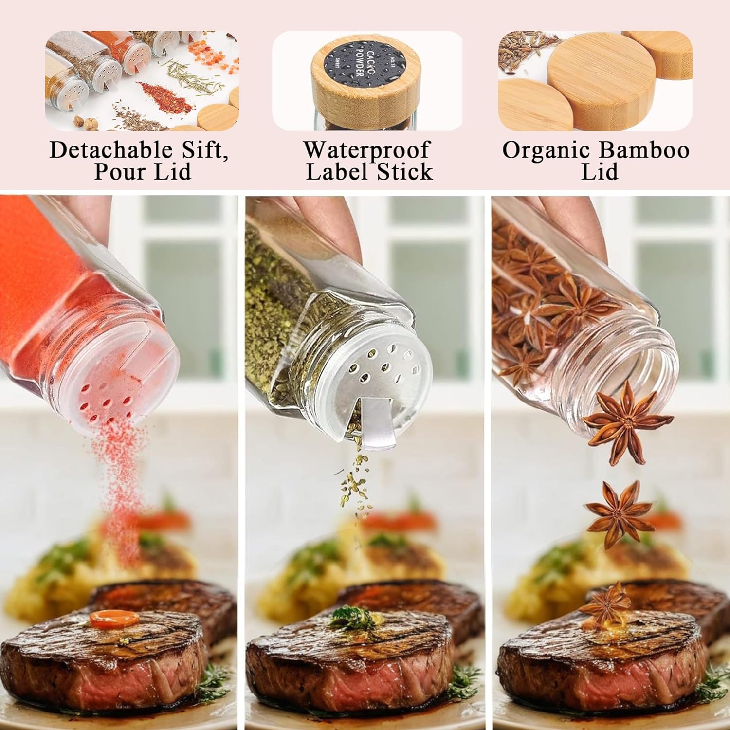24 Glass Spice Jars with Bamboo Lids, Shaker Tops, 180 Labels, Pen & Funnel for Kitchen Organization - Natural - Food & Beverage > Pantry > Seasonings & Spices - Rivercity House & Home Co. (ABN 18 642 972 209) - Affordable Modern Furniture Australia