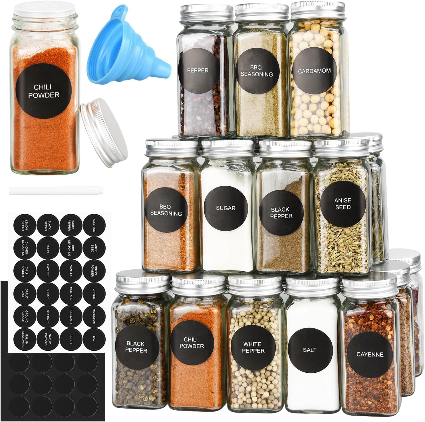 24 Glass Spice Jars with Lids, Shaker Tops, 180 Labels, Pen & Funnel for Kitchen Organization - White - Food & Beverage > Pantry > Seasonings & Spices - Rivercity House & Home Co. (ABN 18 642 972 209) - Affordable Modern Furniture Australia